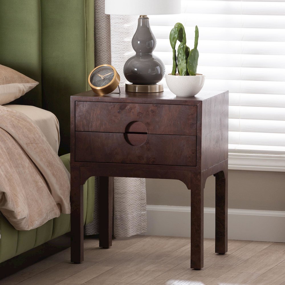Kayla Real Burl Wood Nightstand in Dark Walnut Brown - Modern Bedside Table