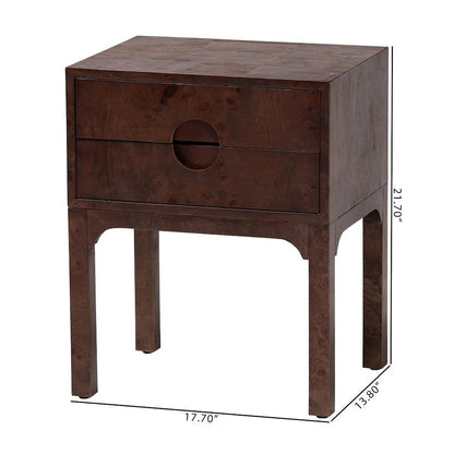 Kayla Real Burl Wood Nightstand in Dark Walnut Brown - Modern Bedside Table