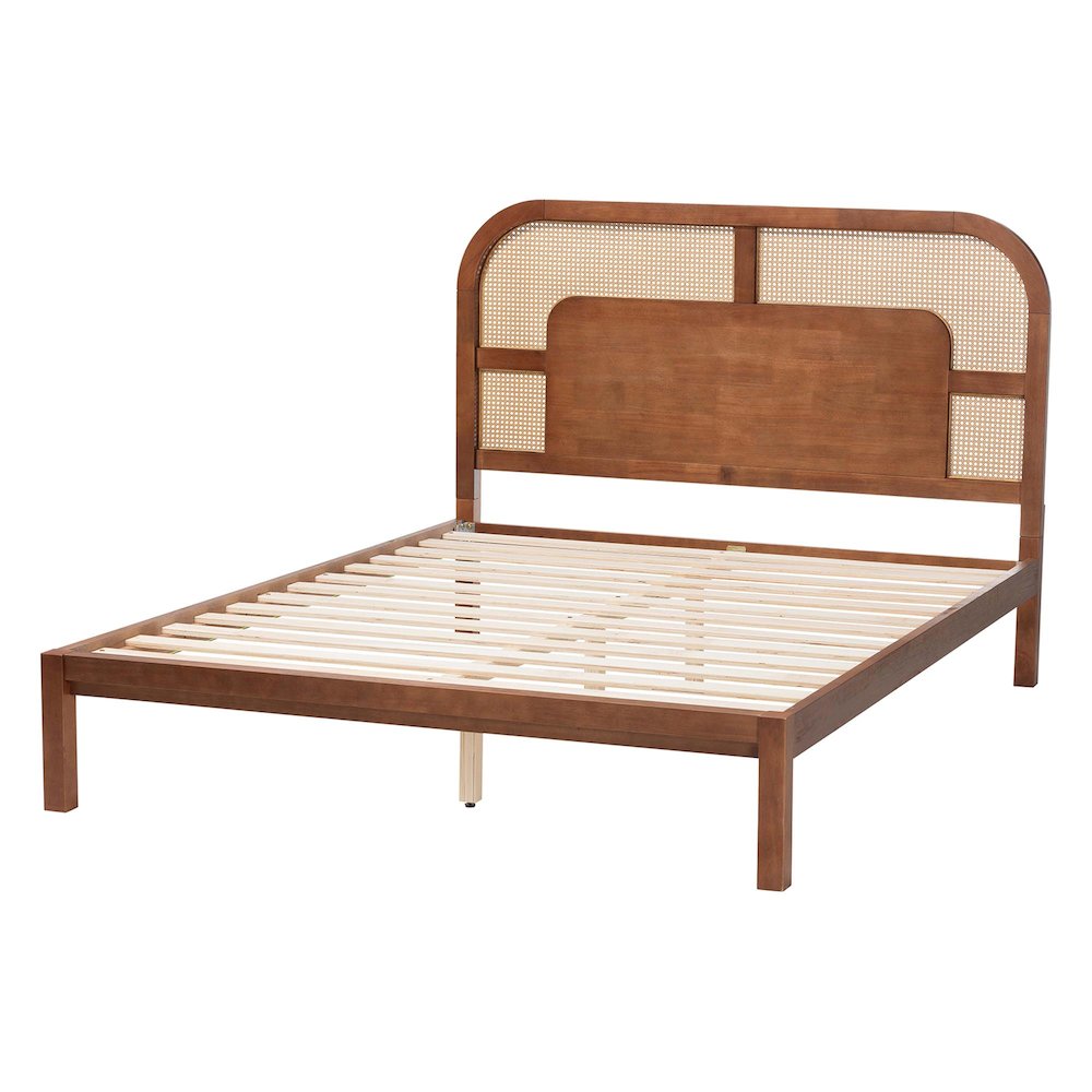 Wood Platform Bed - Low Profile Bed Frame, Decorative Rattan Weave Inlay, Queen