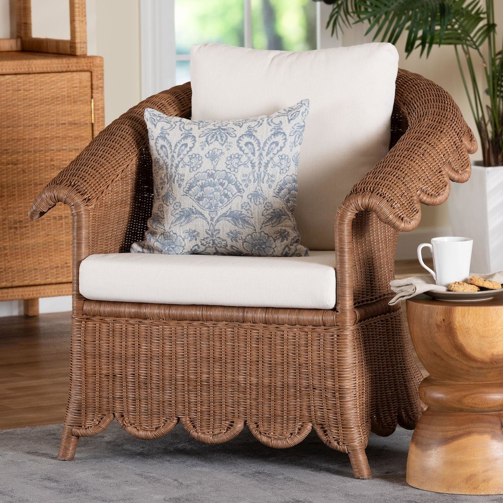 Natural Rattan Armchair - Handwoven Wicker Chair with Rolled Arms