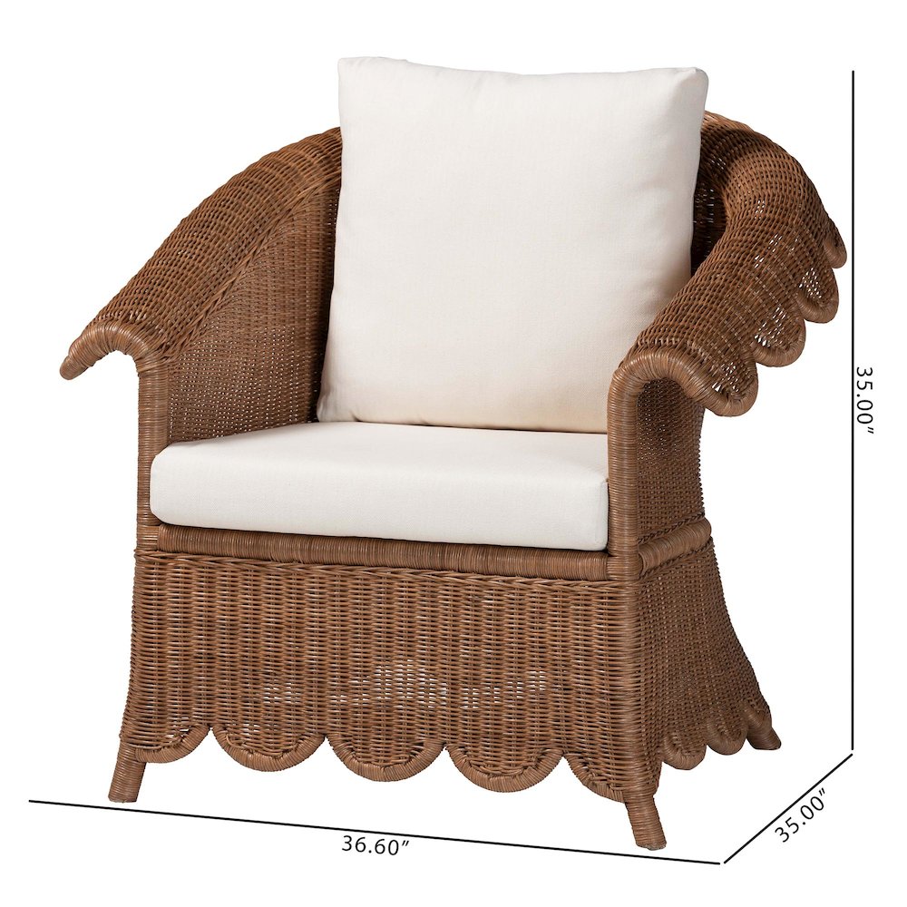 Natural Rattan Armchair - Handwoven Wicker Chair with Rolled Arms