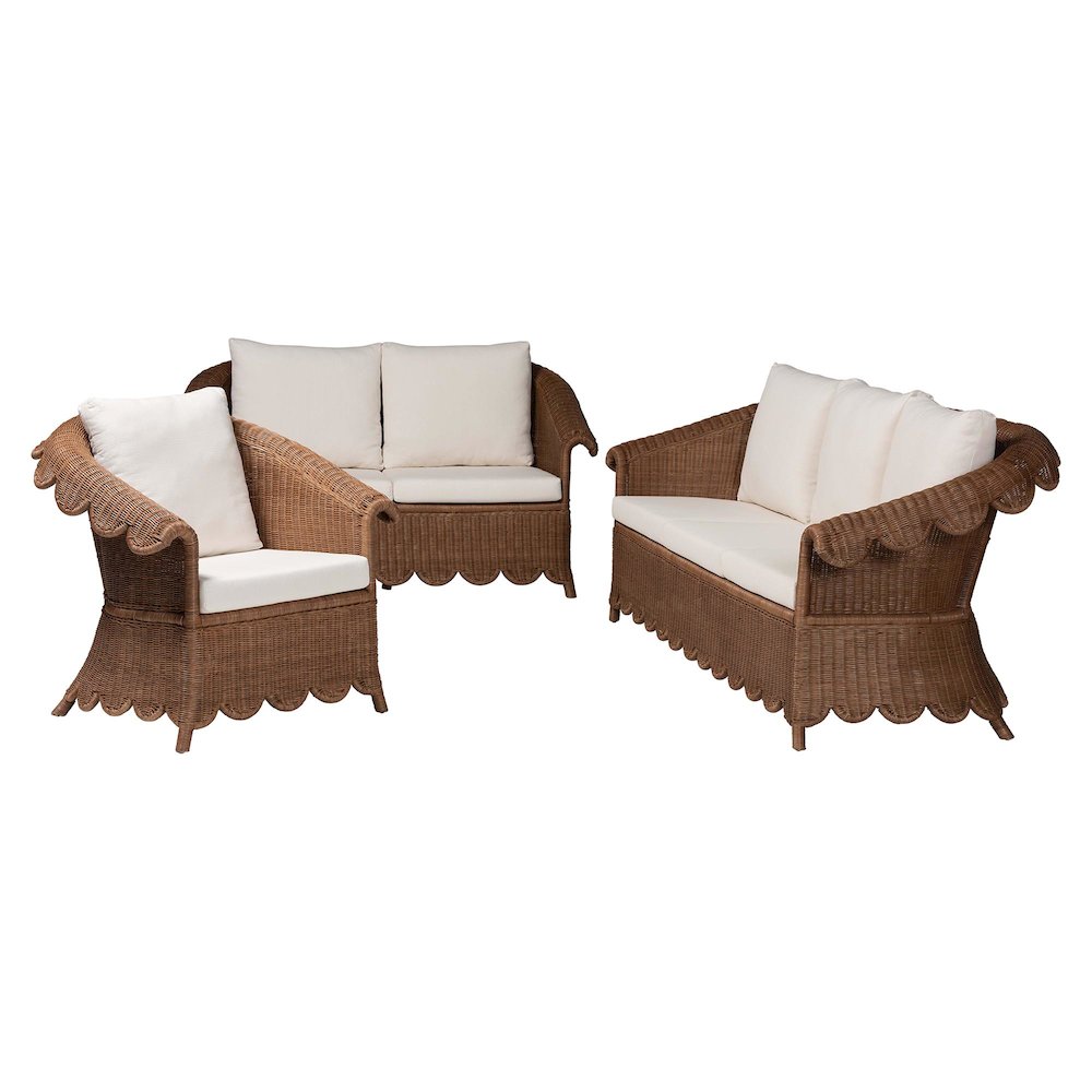 Natural Rattan 3-Piece Living Room Set - Handwoven Wicker Lounge Seating