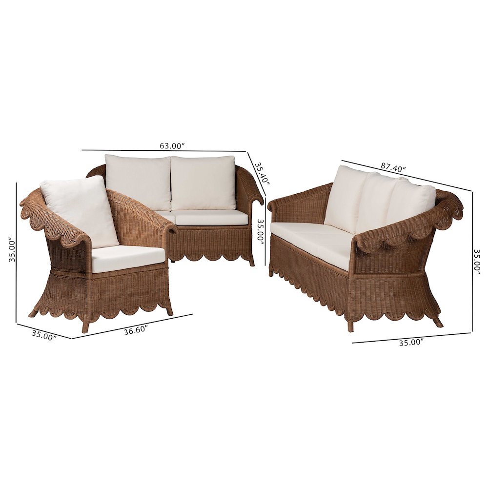 Natural Rattan 3-Piece Living Room Set - Handwoven Wicker Lounge Seating
