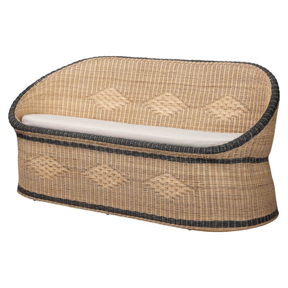 Natural Rattan Loveseat - Handwoven Wicker Sofa with Two-Tone Woven Detailing