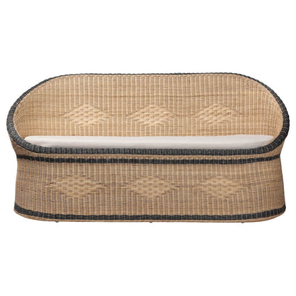 Natural Rattan Loveseat - Handwoven Wicker Sofa with Two-Tone Woven Detailing