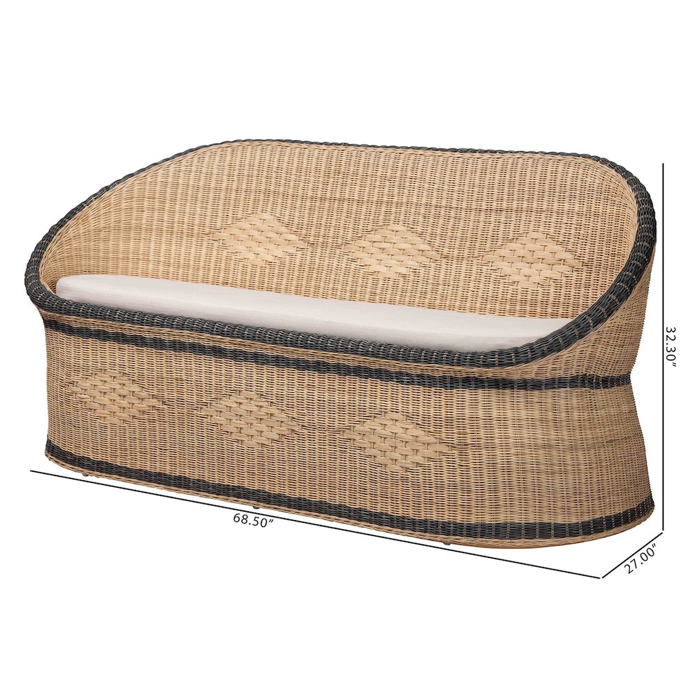 Natural Rattan Loveseat - Handwoven Wicker Sofa with Two-Tone Woven Detailing