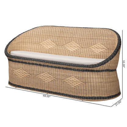 Natural Rattan Loveseat - Handwoven Wicker Sofa with Two-Tone Woven Detailing
