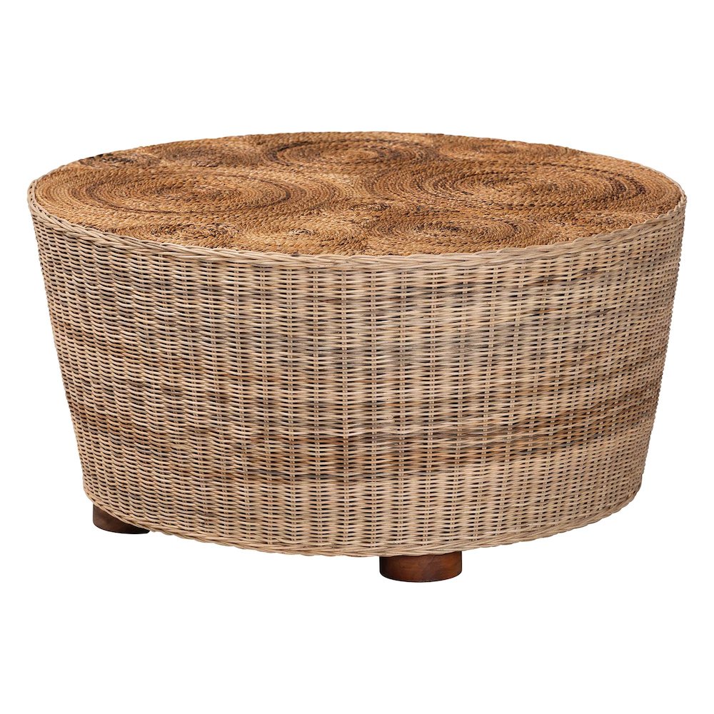 Natural Rattan Coffee Table - Handwoven Wicker Accent Table, Textured Spiral Top