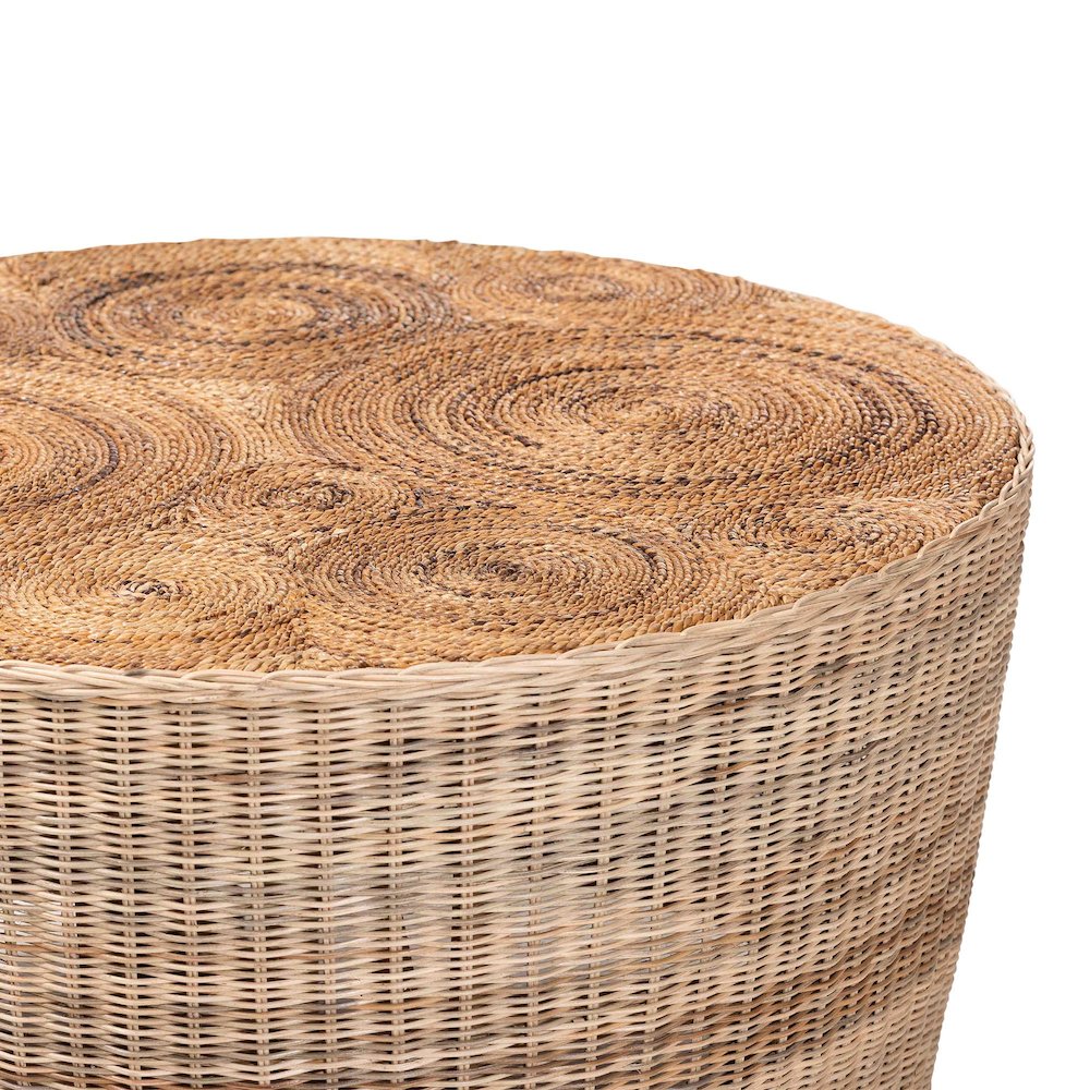 Natural Rattan Coffee Table - Handwoven Wicker Accent Table, Textured Spiral Top