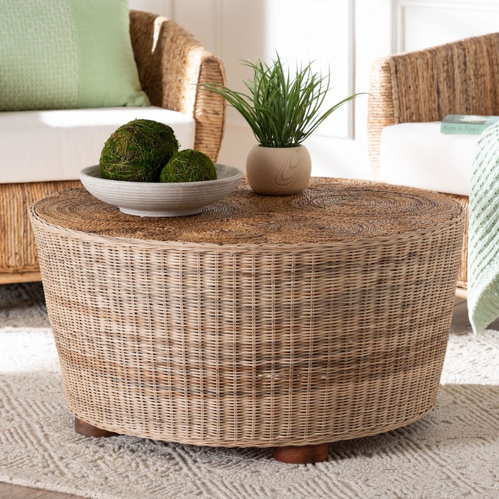 Natural Rattan Coffee Table - Handwoven Wicker Accent Table, Textured Spiral Top