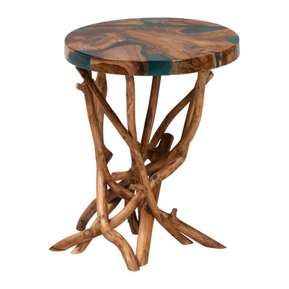 Amada Teak Wood Epoxy Resin End Table - Round Live Edge Side Table