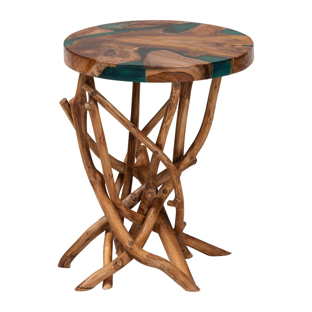 Amada Teak Wood Epoxy Resin End Table - Round Live Edge Side Table