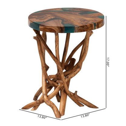 Amada Teak Wood Epoxy Resin End Table - Round Live Edge Side Table