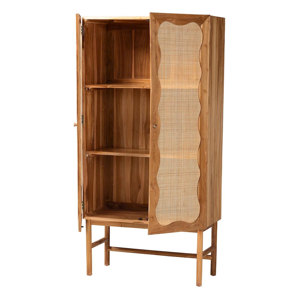 Augusto Teak Wood Cabinet - 2-Door Storage Organizer with Woven Rattan