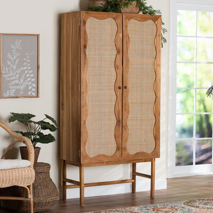 Augusto Teak Wood Cabinet - 2-Door Storage Organizer with Woven Rattan