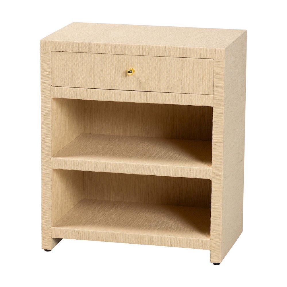 Grasscloth 1-Drawer Nightstand with Open Shelves - Woven Texture Bedside Table