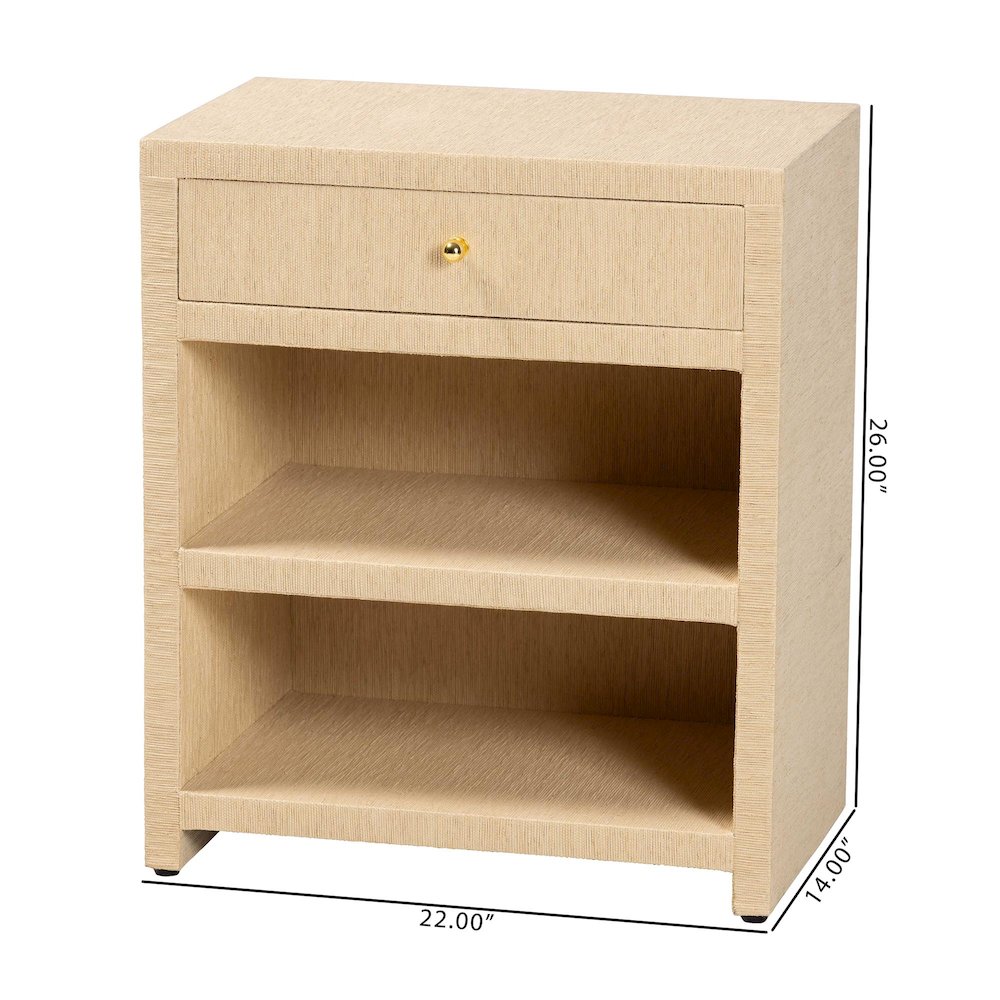Grasscloth 1-Drawer Nightstand with Open Shelves - Woven Texture Bedside Table