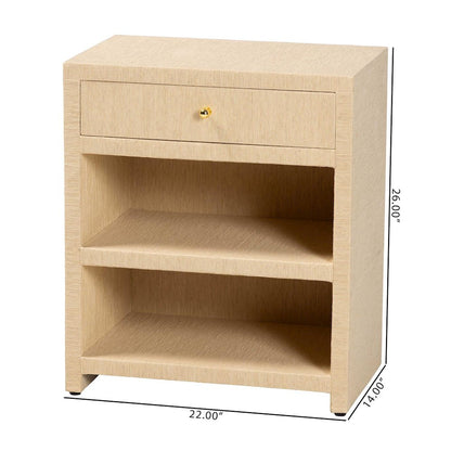 Grasscloth 1-Drawer Nightstand with Open Shelves - Woven Texture Bedside Table