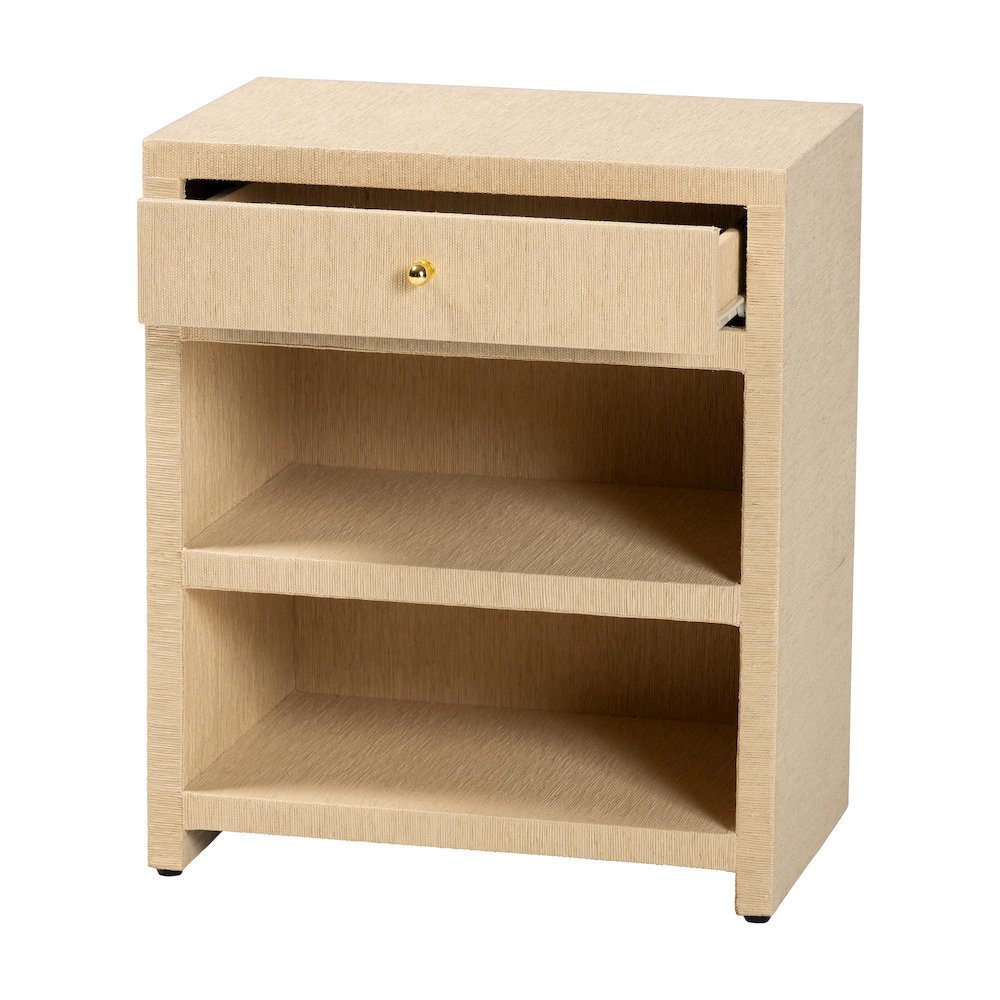 Grasscloth 1-Drawer Nightstand with Open Shelves - Woven Texture Bedside Table