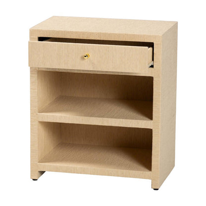 Grasscloth 1-Drawer Nightstand with Open Shelves - Woven Texture Bedside Table