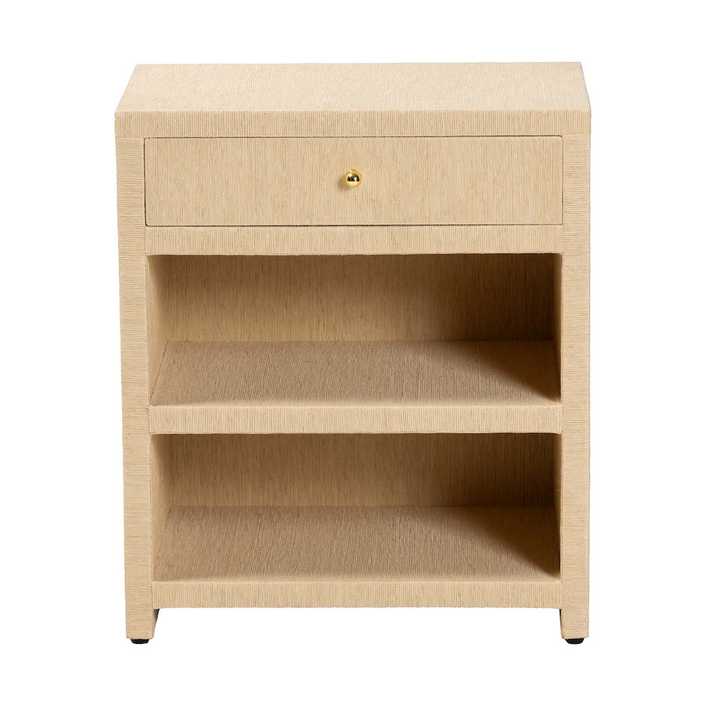 Grasscloth 1-Drawer Nightstand with Open Shelves - Woven Texture Bedside Table