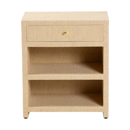 Grasscloth 1-Drawer Nightstand with Open Shelves - Woven Texture Bedside Table