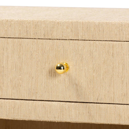 Grasscloth 1-Drawer Nightstand with Open Shelves - Woven Texture Bedside Table