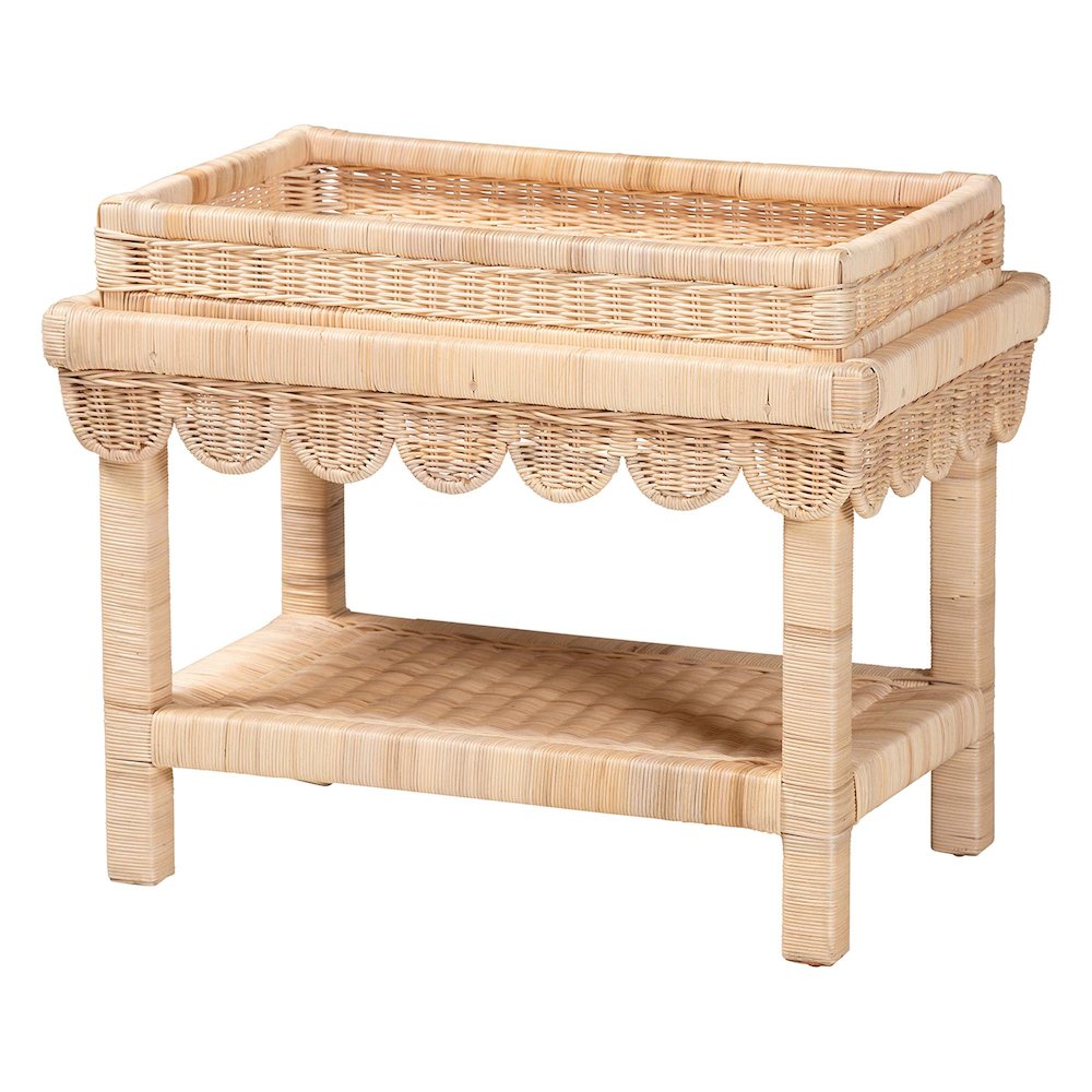 Scalloped Rattan End Table with Removable Tray Top-Handwoven Rattan Accent Table