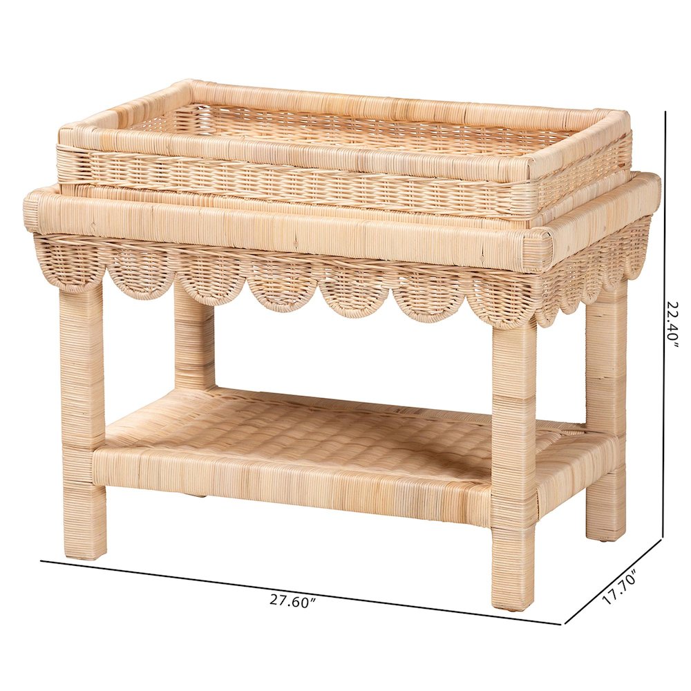 Scalloped Rattan End Table with Removable Tray Top-Handwoven Rattan Accent Table