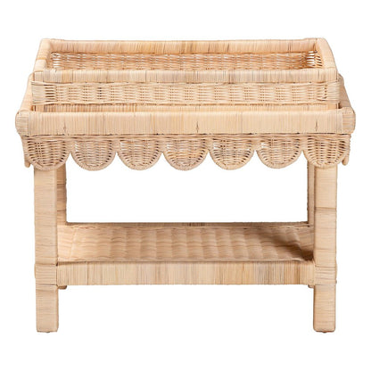 Scalloped Rattan End Table with Removable Tray Top-Handwoven Rattan Accent Table