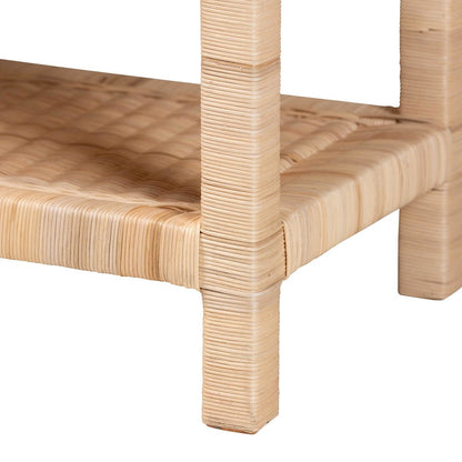 Scalloped Rattan End Table with Removable Tray Top-Handwoven Rattan Accent Table