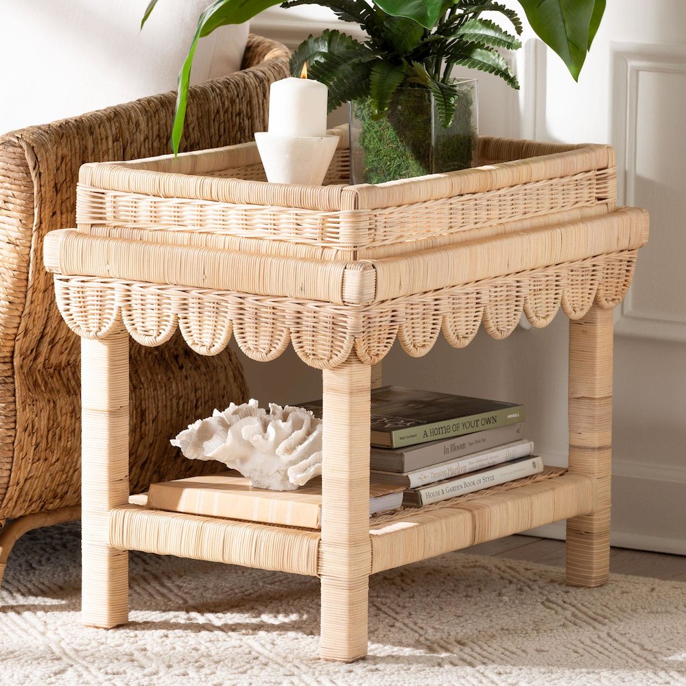 Scalloped Rattan End Table with Removable Tray Top-Handwoven Rattan Accent Table