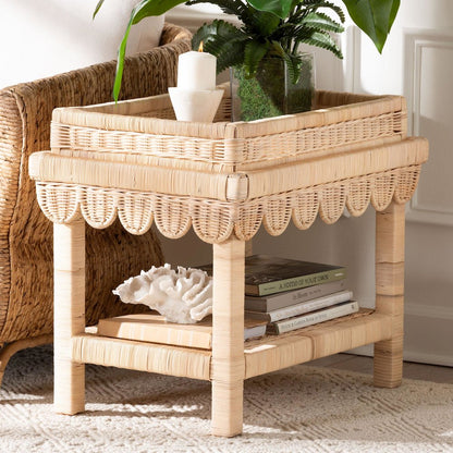 Scalloped Rattan End Table with Removable Tray Top-Handwoven Rattan Accent Table