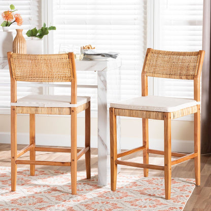 Chatura Natural Rattan and Mahogany Wood 2-Piece Counter Stool Set
