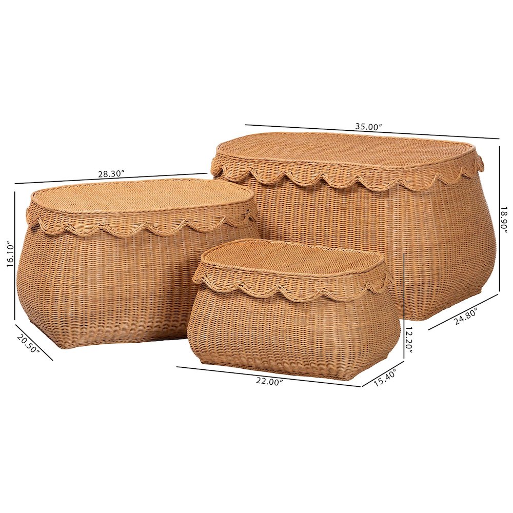 Rattan Basket Set with Scalloped Lids - Handwoven Wicker Storage Boxes, 3-Pc Set