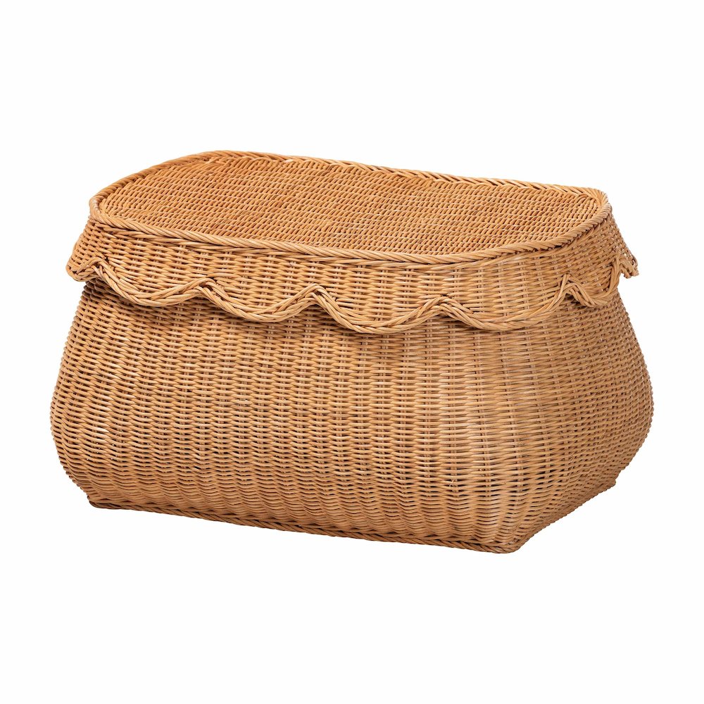 Rattan Basket Set with Scalloped Lids - Handwoven Wicker Storage Boxes, 3-Pc Set