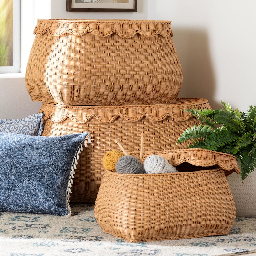 Rattan Basket Set with Scalloped Lids - Handwoven Wicker Storage Boxes, 3-Pc Set