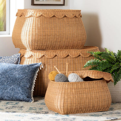 Rattan Basket Set with Scalloped Lids - Handwoven Wicker Storage Boxes, 3-Pc Set