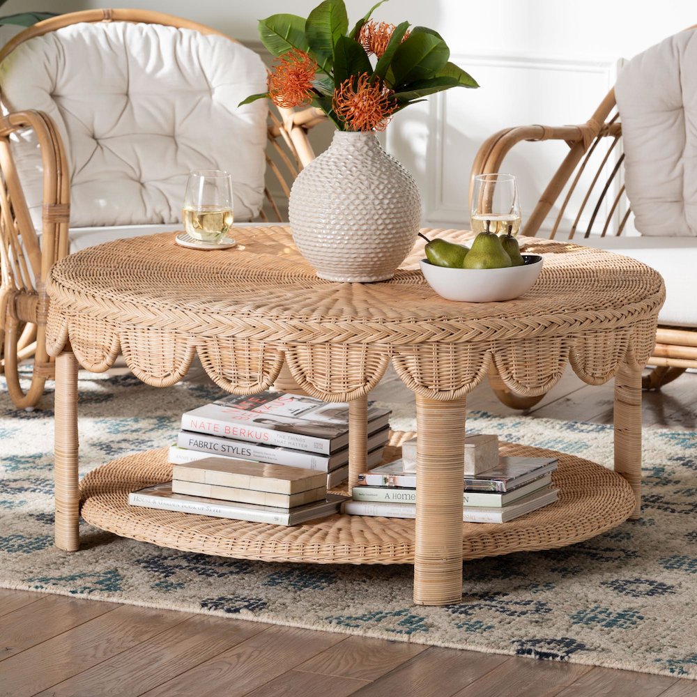 Latoya Natural Rattan Coffee Table - Handwoven Round Wicker Table