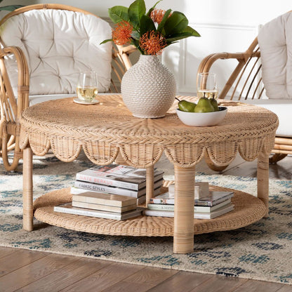 Latoya Natural Rattan Coffee Table - Handwoven Round Wicker Table