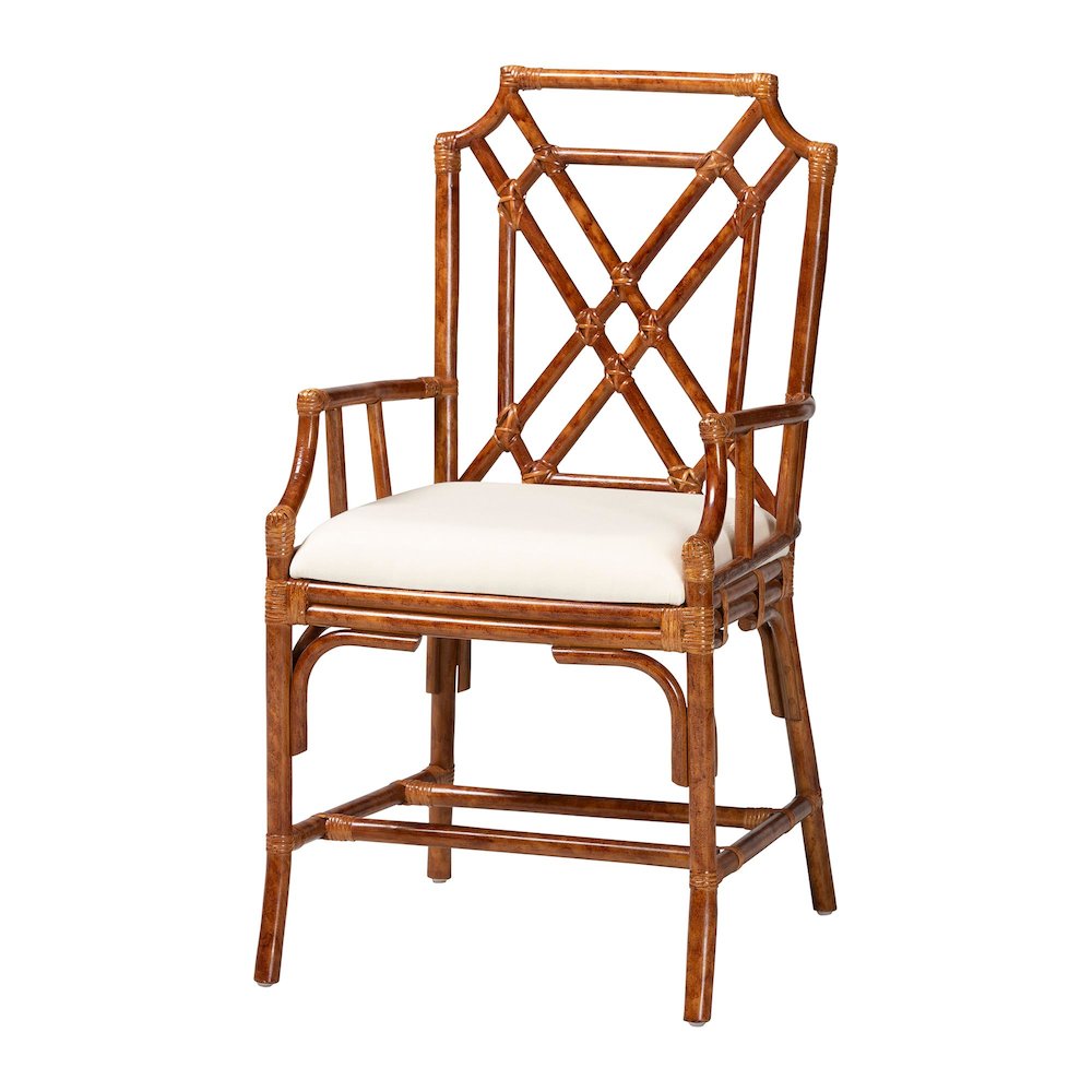 Esmery Marbled Tortoise Natural Rattan Dining Chair, Wicker Armchair