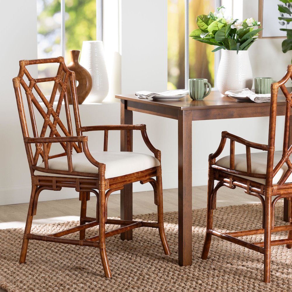 Esmery Marbled Tortoise Natural Rattan Dining Chair, Wicker Armchair