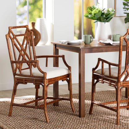 Esmery Marbled Tortoise Natural Rattan Dining Chair, Wicker Armchair