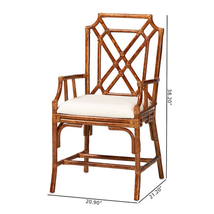 Esmery Marbled Tortoise Natural Rattan Dining Chair, Wicker Armchair