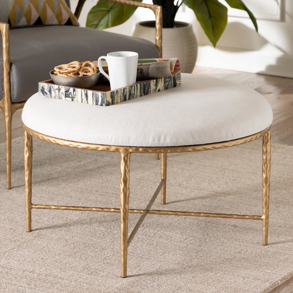 Modern Rustic Accent Ottoman with Hand-Forged Metal Frame, Round 30"