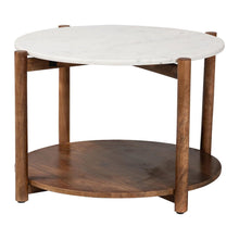 Round Marble Coffee Table with Mango Wood Frame and Open Shelf Storage