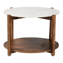 Round Marble Coffee Table with Mango Wood Frame and Open Shelf Storage