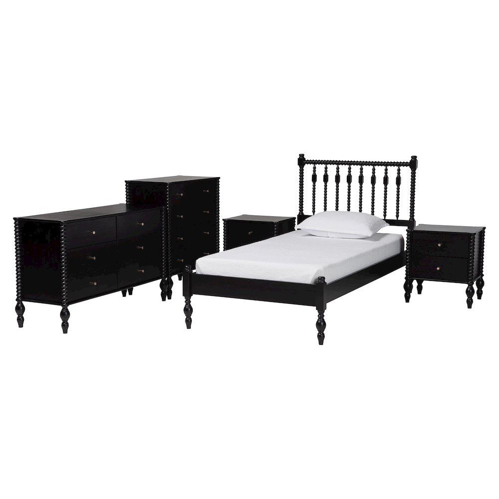 5-Piece Bedroom Set, Platform Bed with Dresser, Chest, Nightstands, Black, Twin