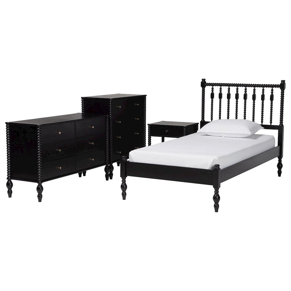 4-Piece Bedroom Set - Platform Bed with Dresser, Chest, Nightstand, Black, Twin