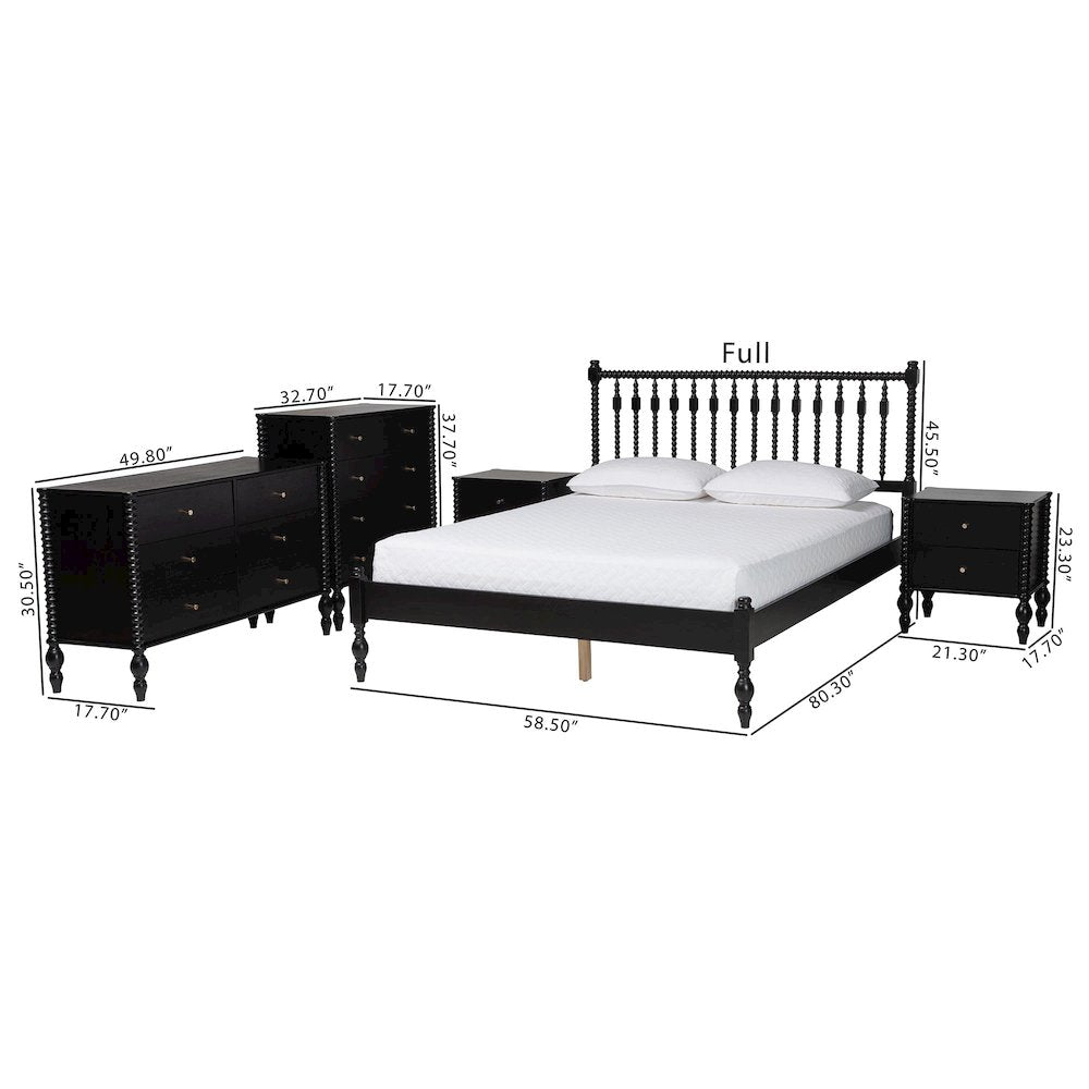5-Piece Bedroom Set, Platform Bed with Dresser, Chest, Nightstands, Black, Full